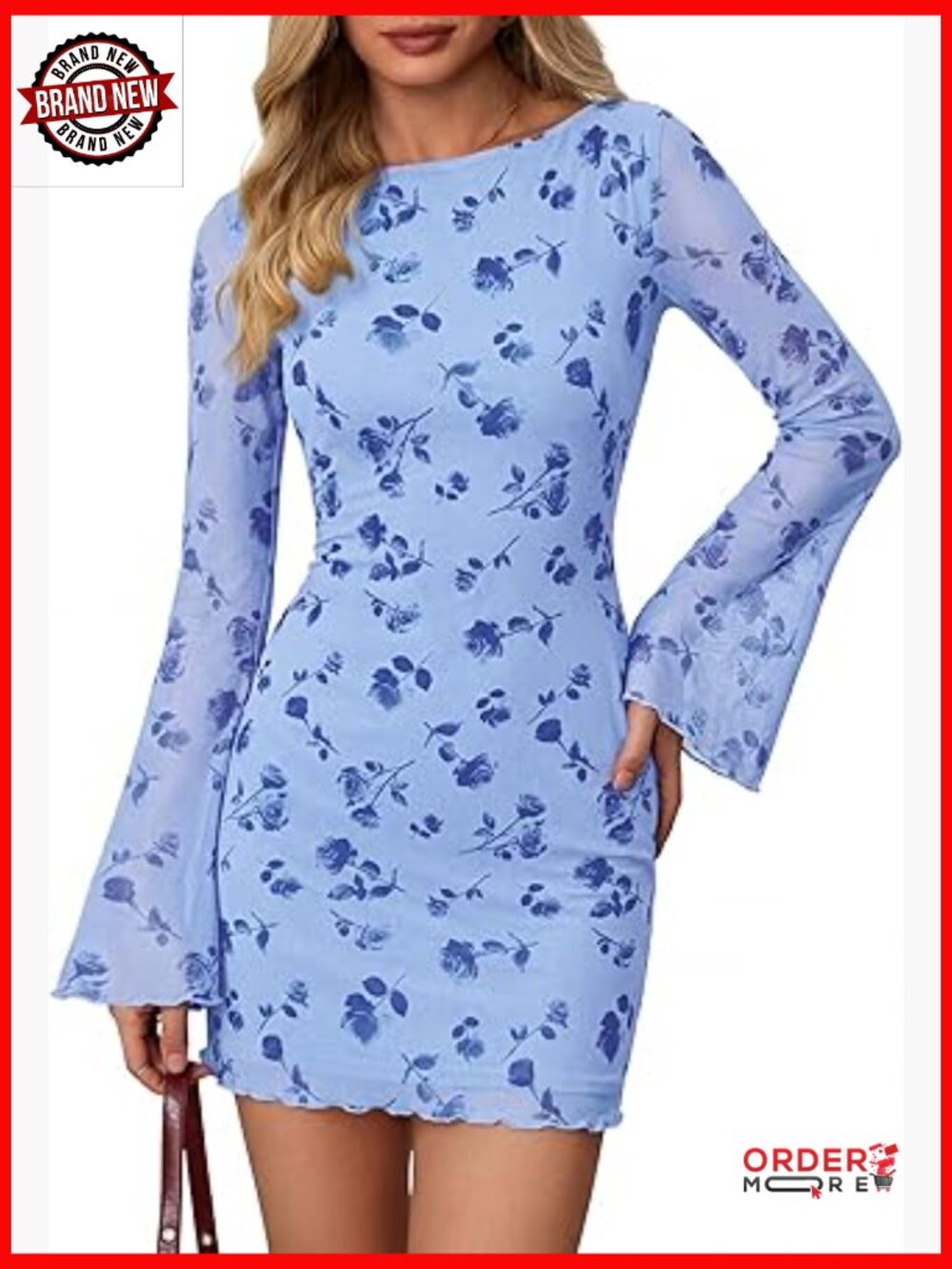 Floral Long Sleeve Mini Dress Bodycon Mesh Boat Neck Bell Sleeve Party